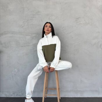 Σετ φόρμες με όρθιο γιακά και φερμουάρ χακί