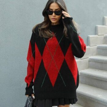 Oversized πλεκτό πουλόβερ με ρόμβους