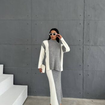 Πλεκτό σετ με μακρυά φούστα γκρι