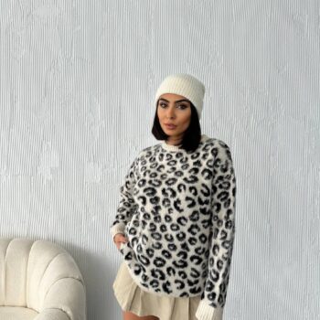 Πλεκτό χνουδωτό πουλόβερ λεοπάρ