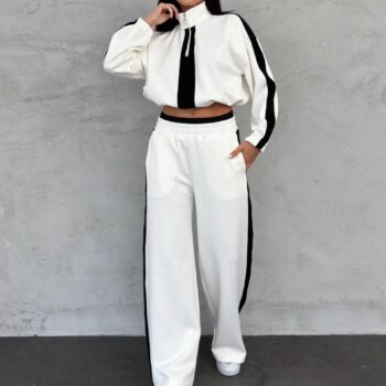 Σετ φόρμες με όρθιο γιακά και φερμουάρ λευκό