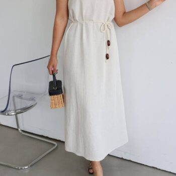 Λινό φόρεμα με ζώνη λευκό