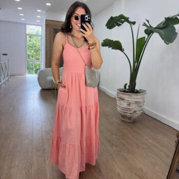 Λινό μάξι φόρεμα σομόν