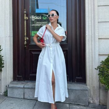 Μίντι λευκό φόρεμα με ζώνη