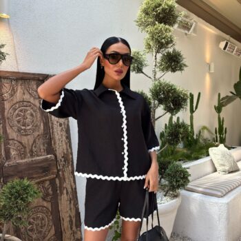 μαύρο καλοκαιρινό σετ πουκάμισο σορτσάκι γυναικείο